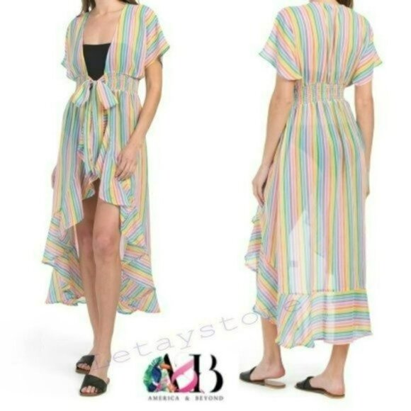 NWT America & Beyond Rainbow Hi-lo Hem Ruffle Trim Cover-up Dress - Picture 1 of 6